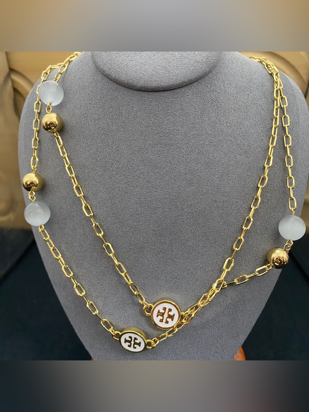 Tory Burch Gold-Tone Double Layer Necklace with White Enamel Logo Discs